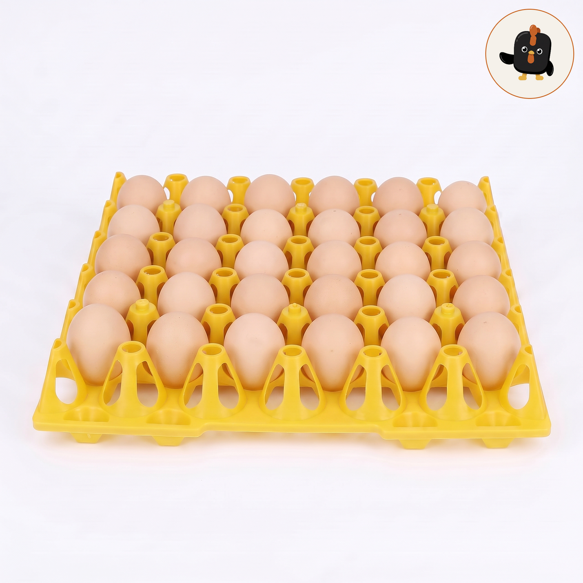 Bandeja apilable de plástico amarillo para 30 huevos, llena de huevos