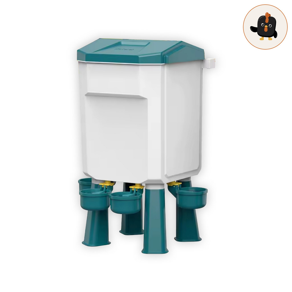 Bebedero automático de 7 litros con depósito blanco de tapa verde y varios bebederos de copa sobre patas