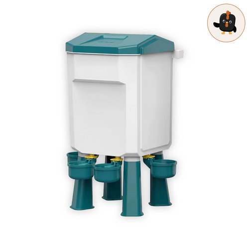 Bebedero automático de 7 litros con depósito blanco de tapa verde y varios bebederos de copa sobre patas