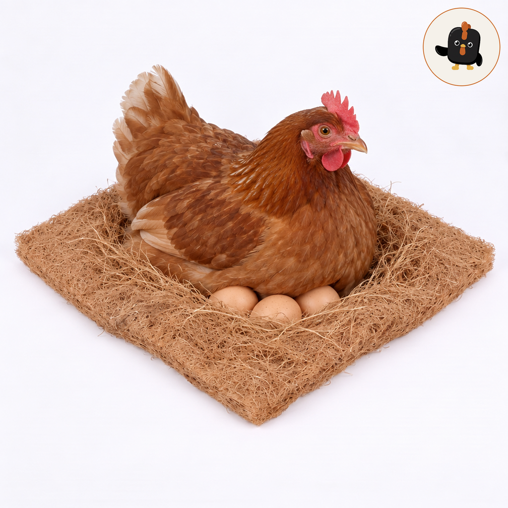 Gallina marrón sobre una alfombrilla de fibra de coco con tres huevos