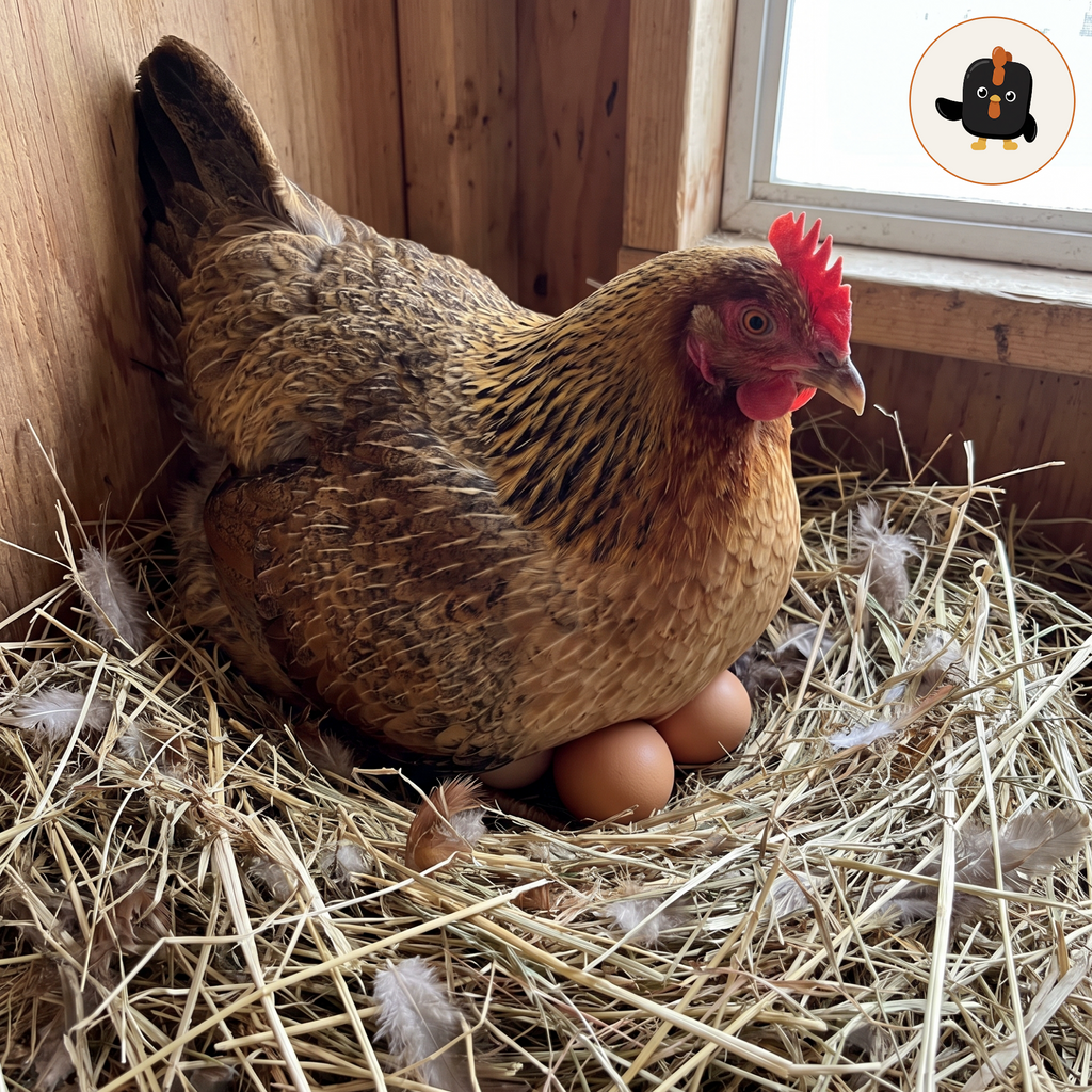 Gallina marrón en un nidal de paja junto a un huevo