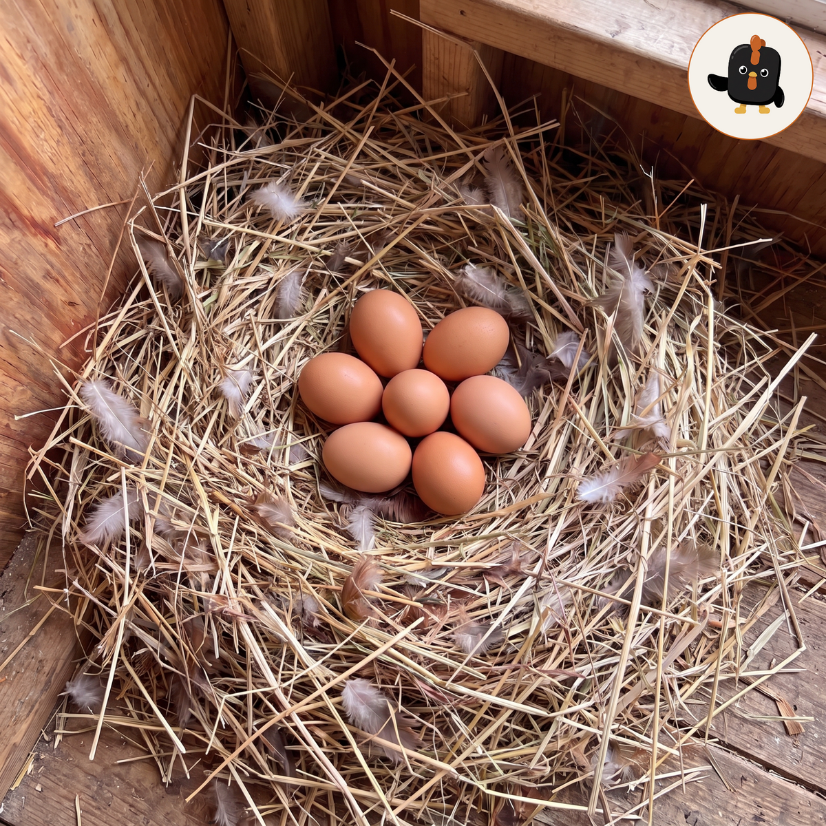 Nido de paja en un ponedero de madera con seis huevos marrones