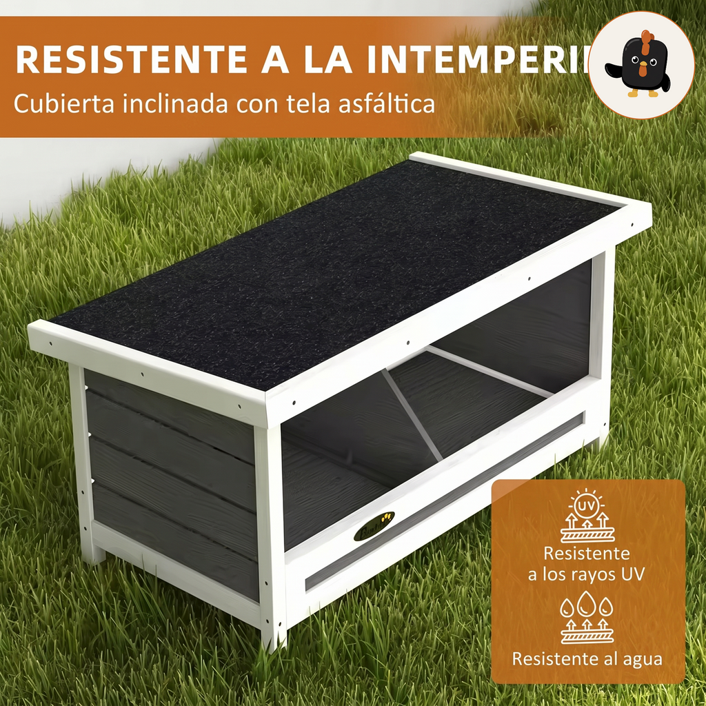 Ponedero de madera de 2 huecos sobre césped, con cubierta inclinada de tela asfáltica resistente a la intemperie