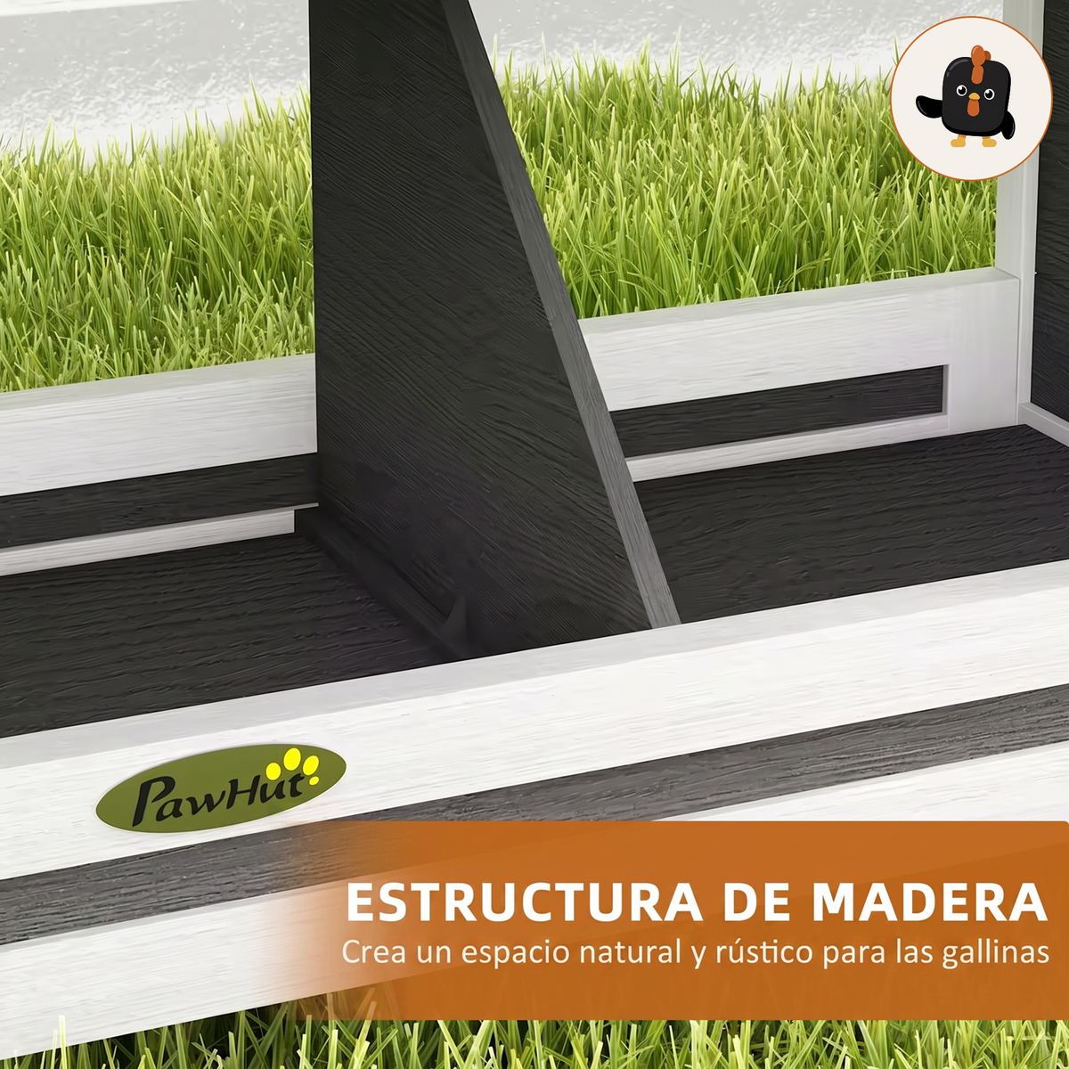 Detalle de la estructura de madera y del suelo interior del ponedero de 2 huecos