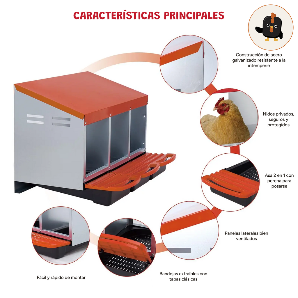 Detalles del ponedero naranja de 3 huecos: asa 2 en 1 para posarse, paneles laterales ventilados y fácil montaje