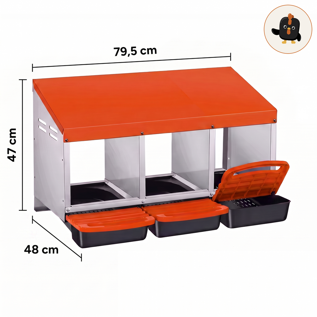 Ponedero metálico naranja de 3 huecos con medidas: 79,5 cm de ancho, 47 cm de alto y 48 cm de fondo