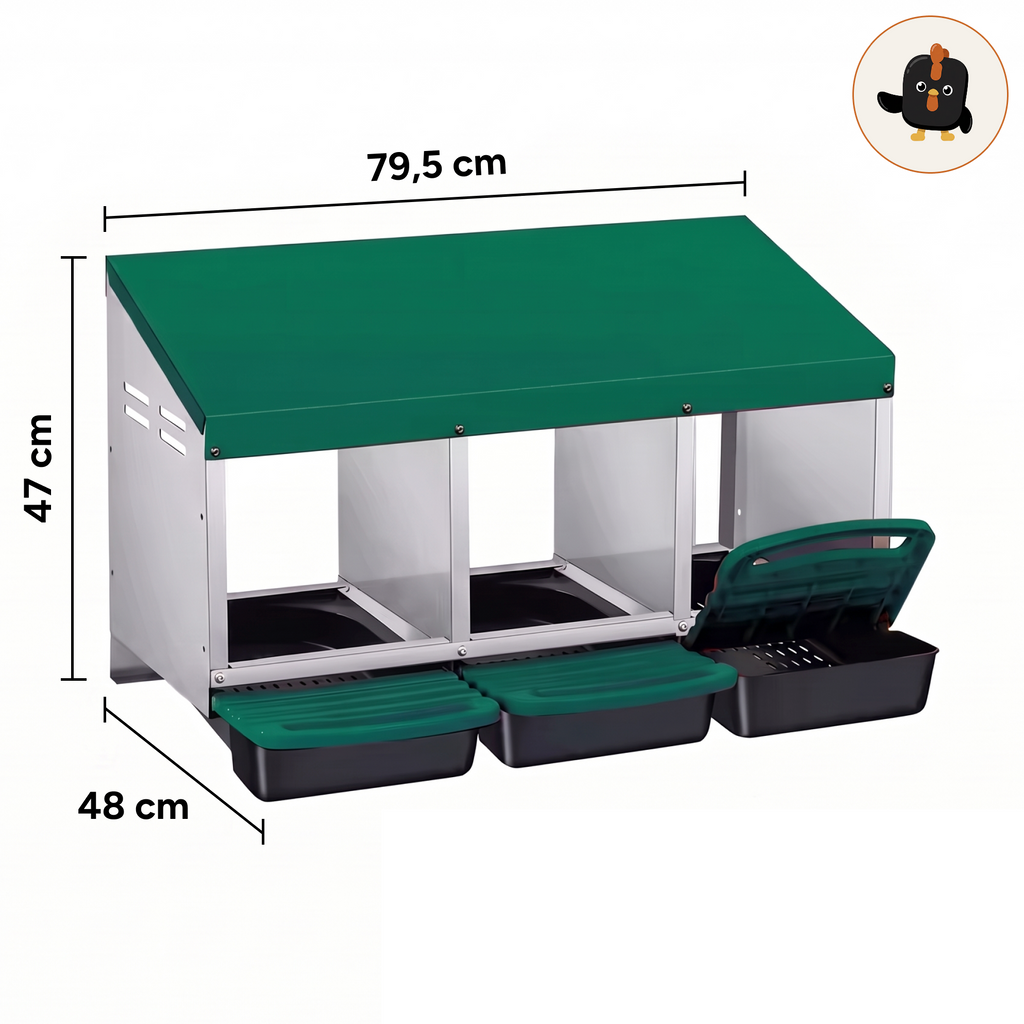 Ponedero metálico verde de 3 huecos con medidas: 79,5 cm de ancho, 47 cm de alto y 48 cm de fondo