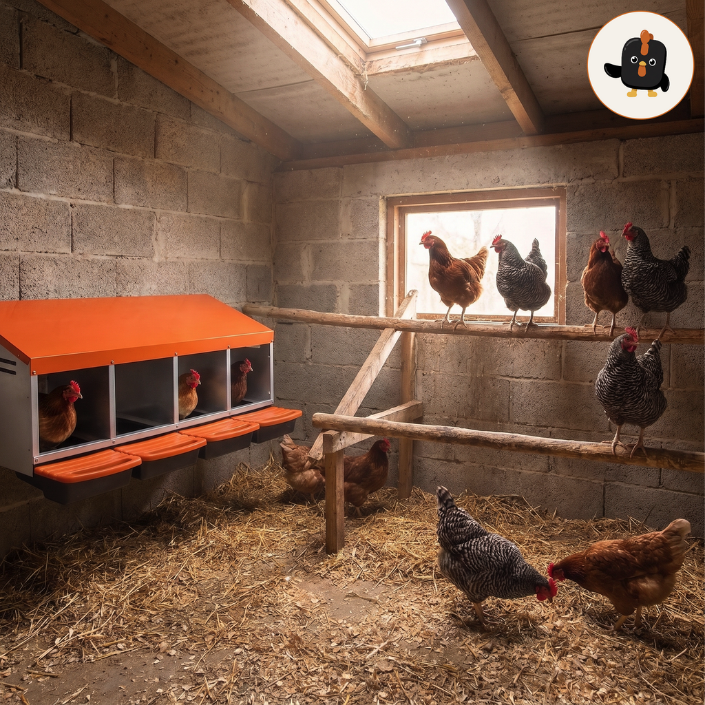Ponedero metálico de 4 huecos instalado en un gallinero con gallinas dentro y sobre las perchas