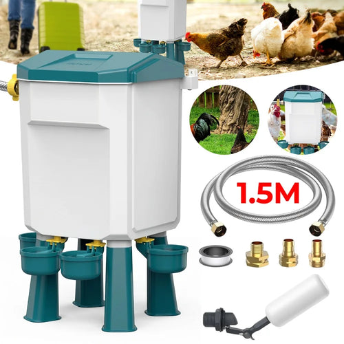 Bebedero automático de 7 litros con manguera de 1,5 m, conectores y válvula de boya, con gallinas al fondo